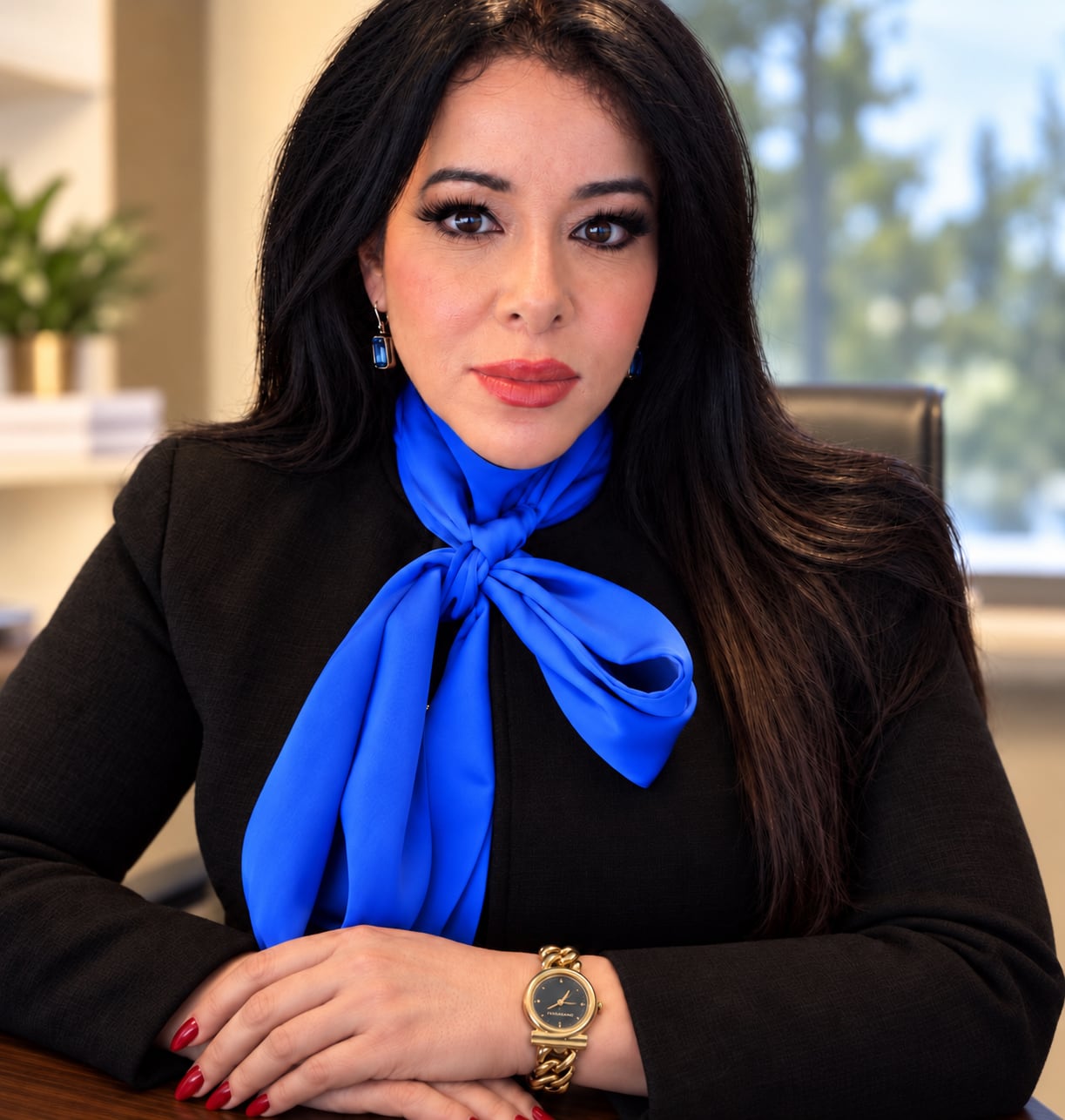 Nawel Merzouk wearing black with a royal-blue scarf.